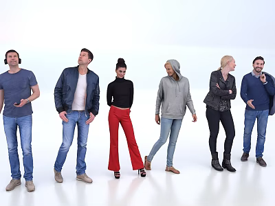 Group of people standing in different outfits against white background 3d model