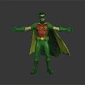 Fictional Character With Red Top Green Pants Yellow Black Cape Mask Arms Outstretched Standing
