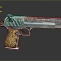 Intricately Engraved Pistol Sculpture With Silver Body And Golden Grip Patterns