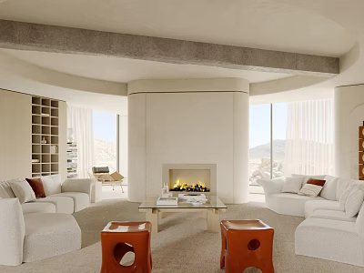Modern Living Dining Room Interior With White Sofas Orange Stools Fireplace And Large Windows 3d model