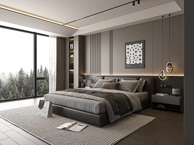 Modern Bedroom Double Bed With Gray Bedding Large Window And Forest View 3d model