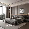 Modern Bedroom Double Bed With Gray Bedding Large Window And Forest View 3d model