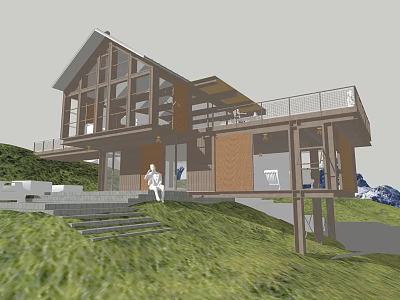 Modern Detached House With Large Windows Wooden Balcony And Hillside Grass 3d model
