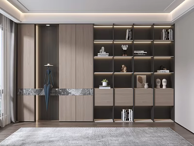 Modern Built in Wooden Bookcase With Books Decorative Items And Plants In Living Room 3d model