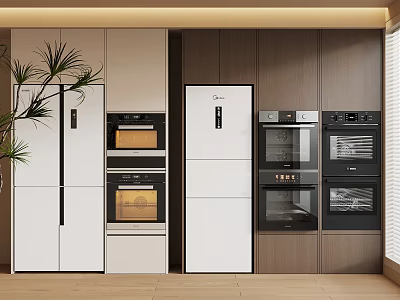 Modern Kitchen Interior With White And Dark Cabinets Refrigerator And Built In Ovens 3d model