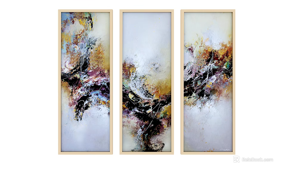 Three Panel Abstract Paintings With Vibrant Colors And Light Frames For Wall Decor 3d model 