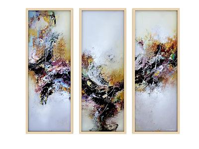 Three Panel Abstract Paintings With Vibrant Colors And Light Frames For Wall Decor 3d model