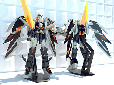 Detailed Robot Models With Orange Black Accents Wings And Glowing Parts On 3d model