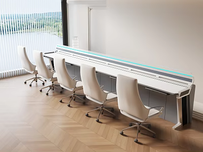 Modern Office Desk With Five White Chairs And Large Window River View 3d model
