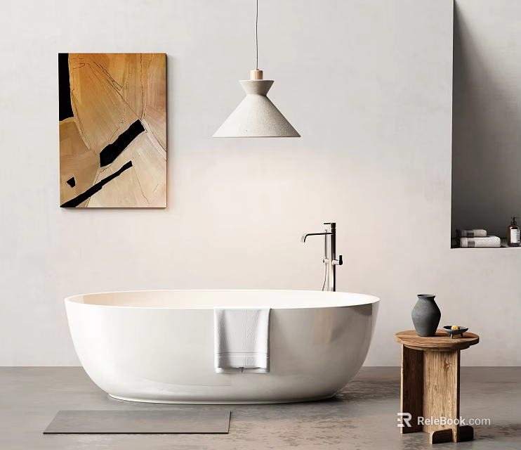 Modern Bathroom With White Bathtub Towel Art Pendant Light And Side Table 3d model 