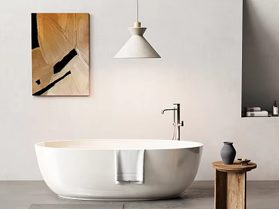 Modern Bathroom With White Bathtub Towel Art Pendant Light And Side Table 3d model