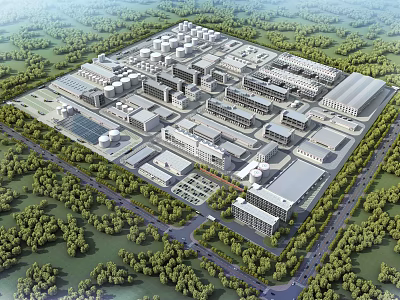 Modern Industrial Factory Plant in Large Green Surrounded Industrial Park Layout 3d model