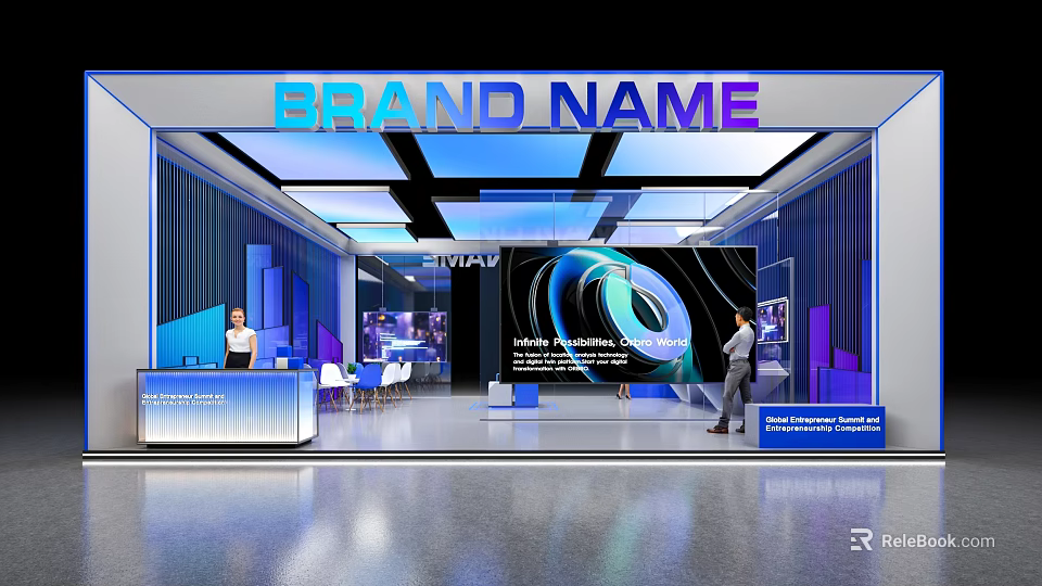 Modern Exhibition Booth with Blue Purple Lighting Reception Desk Large Screen Abstract Design Brand Name 3d model 