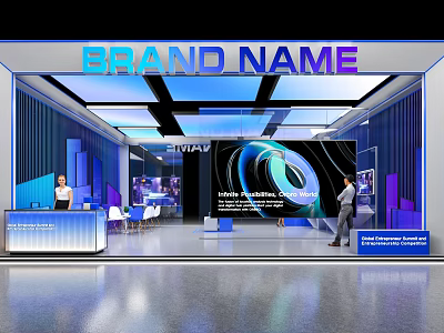Modern Exhibition Booth with Blue Purple Lighting Reception Desk Large Screen Abstract Design Brand Name 3d model