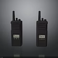Two Black Walkie Talkies As Electronic Communication Devices With Digital Display And Antennas