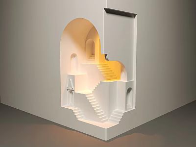 White Architectural Model With Interior Staircase Arched Doorway And Illuminated Light 3d model