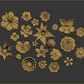 Different Golden Flower Shapes and Plant Designs in Various Forms on Dark Background