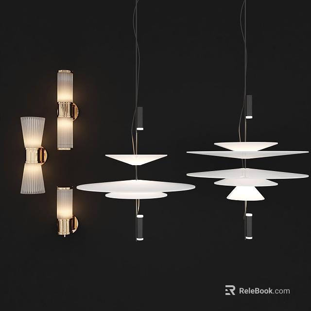 Modern Stylish Lighting Combinations With Pendant Lamps Wall Sconces and Layered White Disc Shapes 3d model 