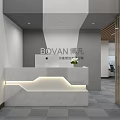 Modern Reception Desk Interior Design With Marble Countertop And Wooden Decorative Elements