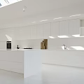 Bright White Modern Kitchen Interior With Skylight Sliding Doors And Central Island