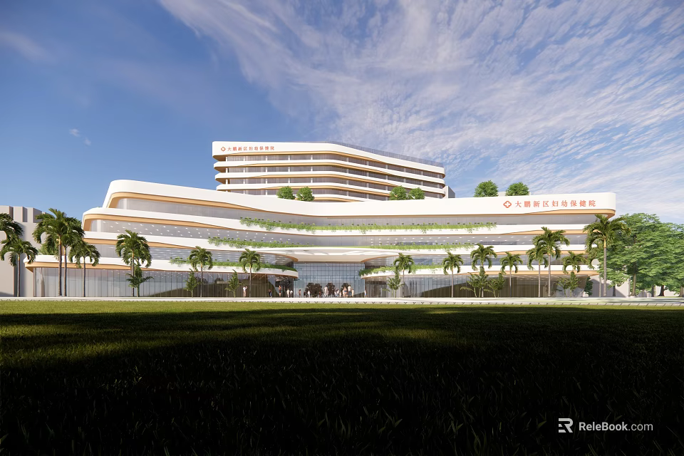 Modern Guangdong Building Exterior With Curved Design Palm Trees And Green Lawn 3d model 