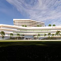 Modern Guangdong Building Exterior With Curved Design Palm Trees And Green Lawn