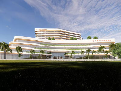 Modern Guangdong Building Exterior With Curved Design Palm Trees And Green Lawn 3d model