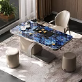 Modern Tea Table and Chairs with Marble Top Beige Leather Stools and Tea Sets