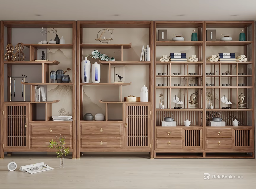 Traditional Chinese Wooden Display Cabinet With Decorative Vases Tea Sets And Books 3d model 