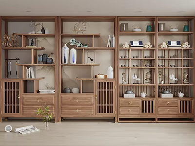 Traditional Chinese Wooden Display Cabinet With Decorative Vases Tea Sets And Books 3d model