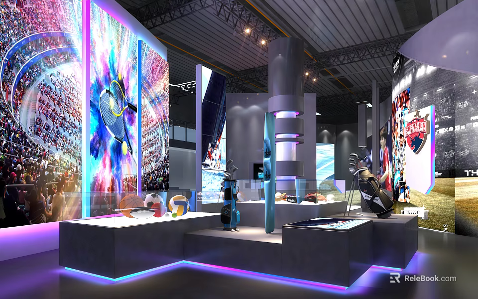 Modern Exhibition Hall With Large Screens Illuminated Stands And Exhibits 3d model 