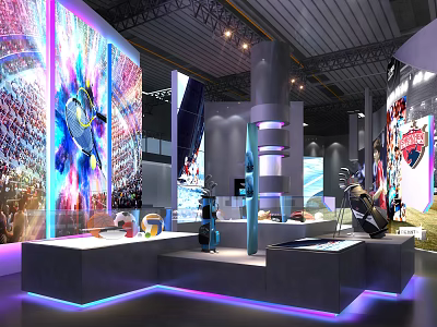 Modern Exhibition Hall With Large Screens Illuminated Stands And Exhibits 3d model
