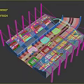 Modern Transportation Hub 3D Structure With Yellow Marked Areas Blue Signs White Pillars And Tracks