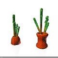Two Green and Brown Branch Cactus in Orange Woven Pots on White Background