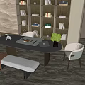 Modern Home Office Interior With Spacious Desk Laptop Bookshelves Green Plant And Comfortable Chairs