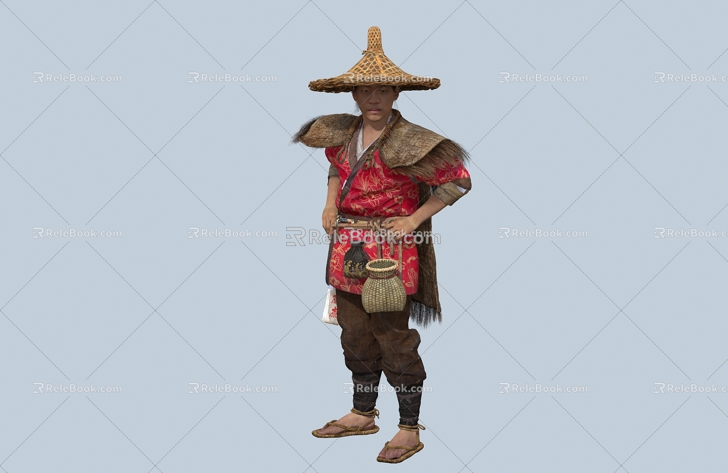 Chinese Man Minority Character Hat Gourd Wine Pot Fish Basket Male Coir Fishermen Farmers Drinking 3d model