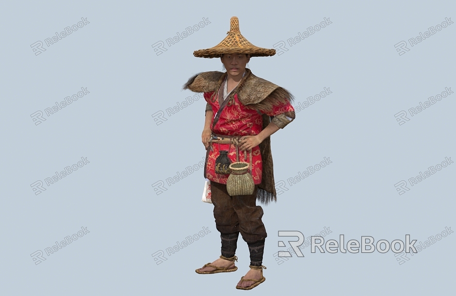 Chinese Man Minority Character Hat Gourd Wine Pot Fish Basket Male Coir Fishermen Farmers Drinking model