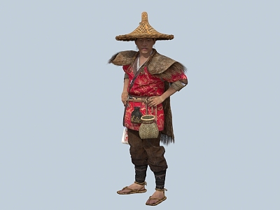 Chinese Man Minority Character Hat Gourd Wine Pot Fish Basket Male Coir Fishermen Farmers Drinking model