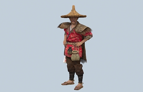 Chinese Man Minority Character Hat Gourd Wine Pot Fish Basket Male Coir Fishermen Farmers Drinking 3d model