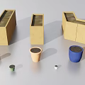 Yellow Rectangular Planter Boxes And Colorful Flower Pots Of Various Sizes For Plants