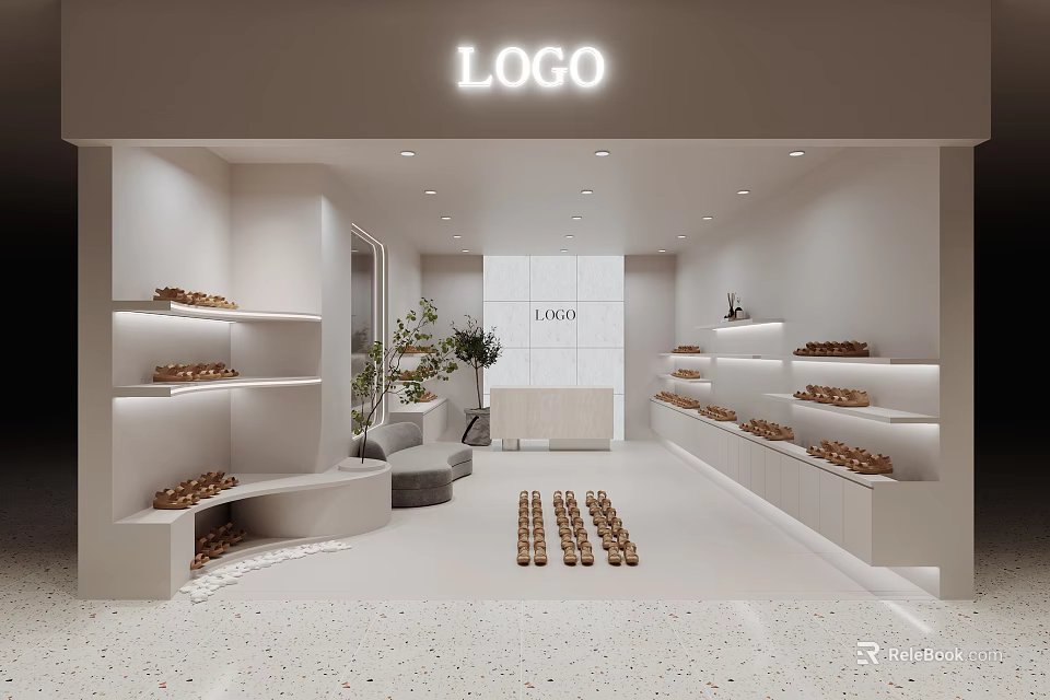 Modern Shoe Store with White Interior Neatly Arranged Shoes on Shelves and Green Plant 3d model 