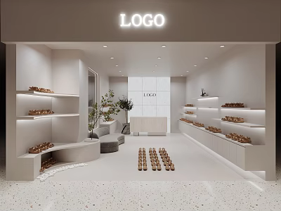 Modern Shoe Store with White Interior Neatly Arranged Shoes on Shelves and Green Plant 3d model