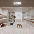 Modern Shoe Store with White Interior Neatly Arranged Shoes on Shelves and Green Plant