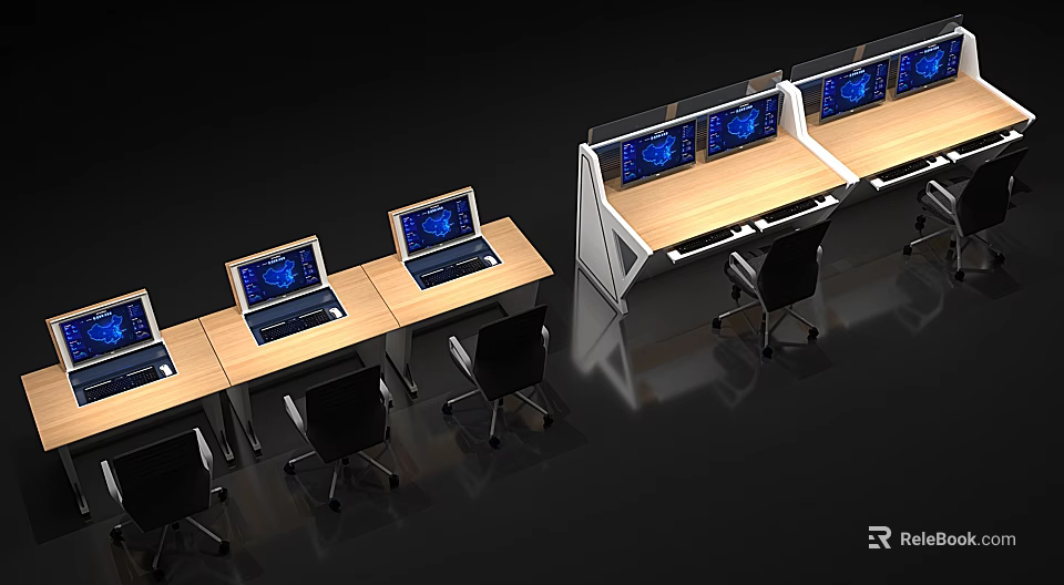 Modern Office Desks With Multiple Computer Monitors And Black Office Chairs 3d model 