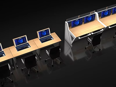 Modern Office Desks With Multiple Computer Monitors And Black Office Chairs 3d model