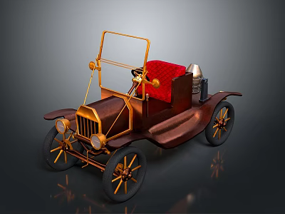 Vintage Car Brown Body With Brass Frame Red Seat Open Cockpit Retro Wheel Design 3d model