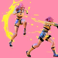 Pink Haired Women In Dynamic Pose With Yellow Black Outfits Pink Background And Yellow Splatter