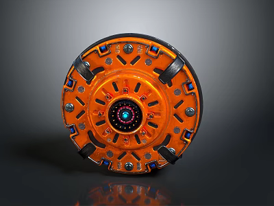 Orange Circular Mechanical Weapon Featuring Central Core And Metal Bolts 3d model
