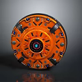 Orange Circular Mechanical Weapon Featuring Central Core And Metal Bolts 3d model
