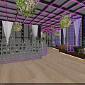 Modern Bar Interior With Purple Lighting Hanging Plants Glass Walls And Open Layout